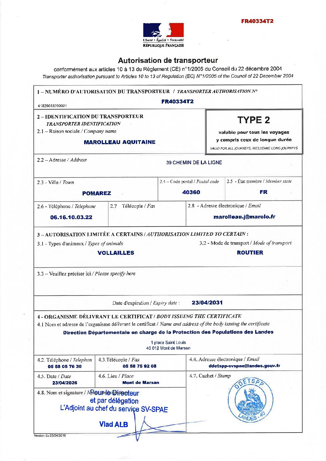 MAROLLEAU AQUITAINE – Autorisation de transport TYPE II 2026-2031