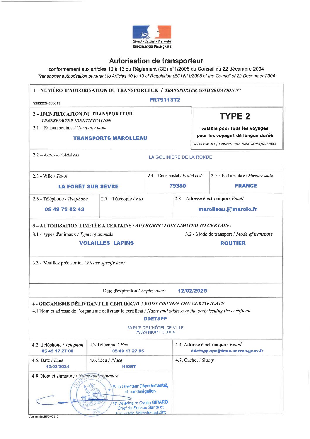 TRANSPORTS MAROLLEAU – Autorisation de transport TYPE II 2024-2029